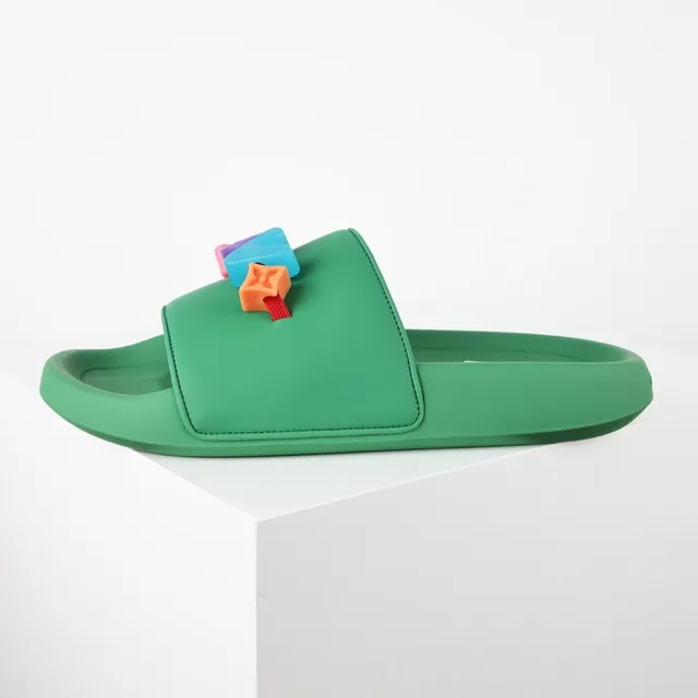 Green Multicolor Molded Rubber-Like Construction Single Wide Strap Slippers 9