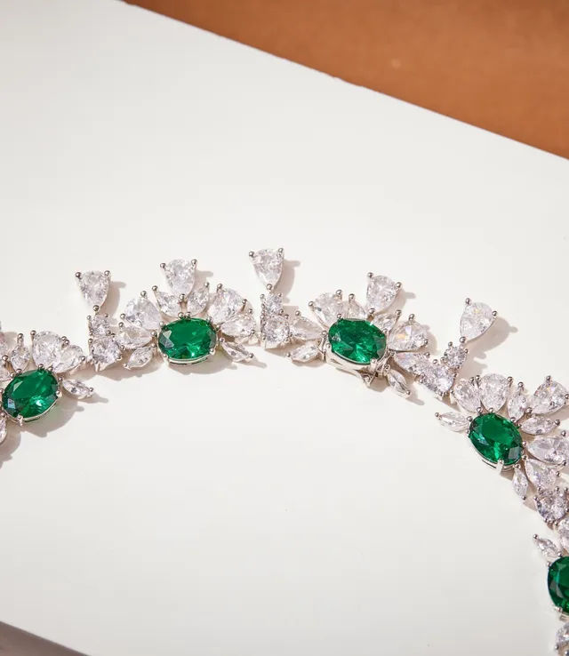 Green Silver Floral Motif Clustered Gemstones Necklace 6