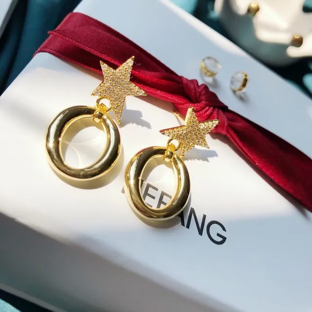 HEFANG Gold-Tone Pavé Star Oval Hoop Earrings 3