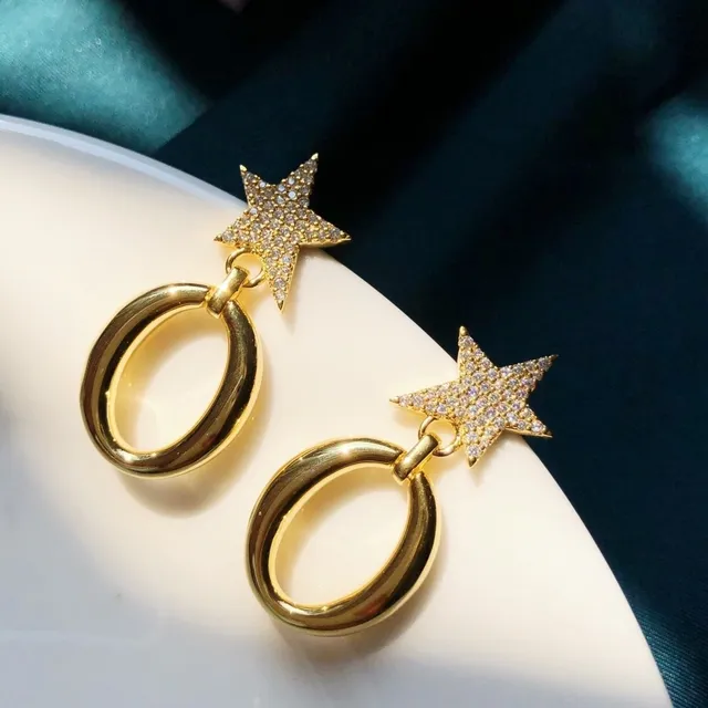 HEFANG Gold-Tone Pavé Star Oval Hoop Earrings 6