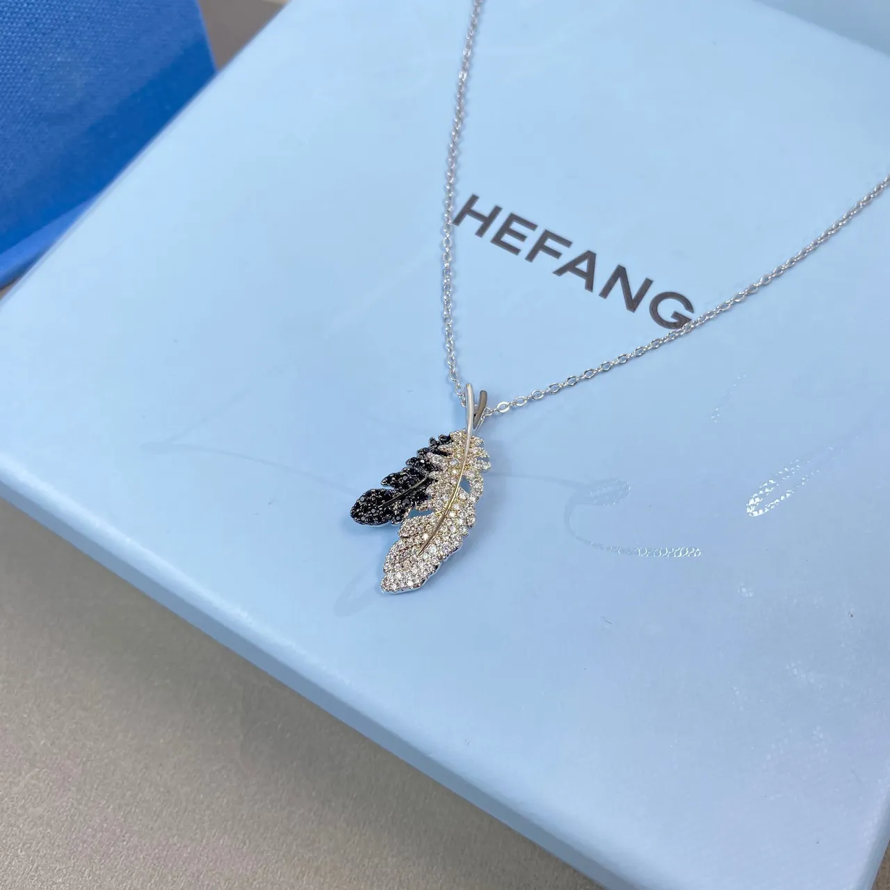 HEFANG Silver Black Feather Motif Pavé-Set Stones Necklace 5