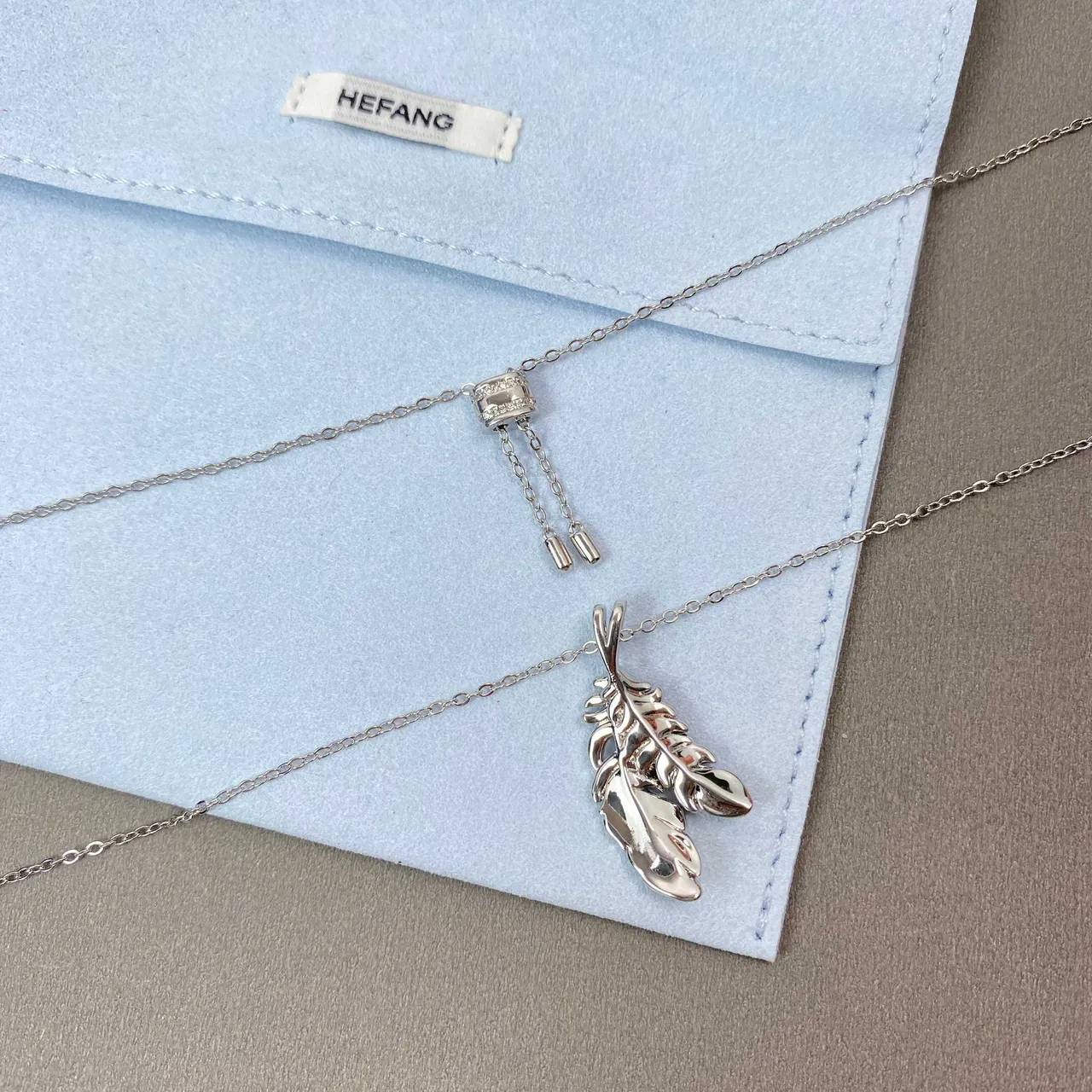 HEFANG Silver Black Feather Motif Pavé-Set Stones Necklace 6