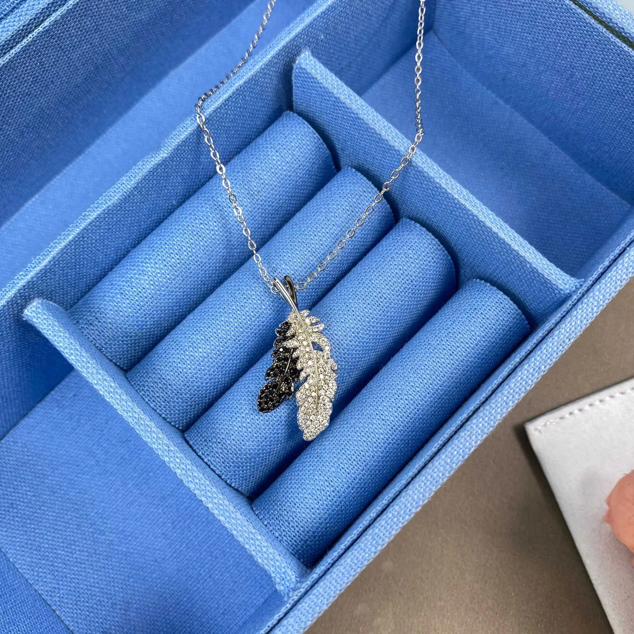 HEFANG Silver Black Feather Motif Pavé-Set Stones Necklace 9
