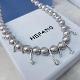 HEFANG قلادة حنك لؤلؤ وماس بلون فضي