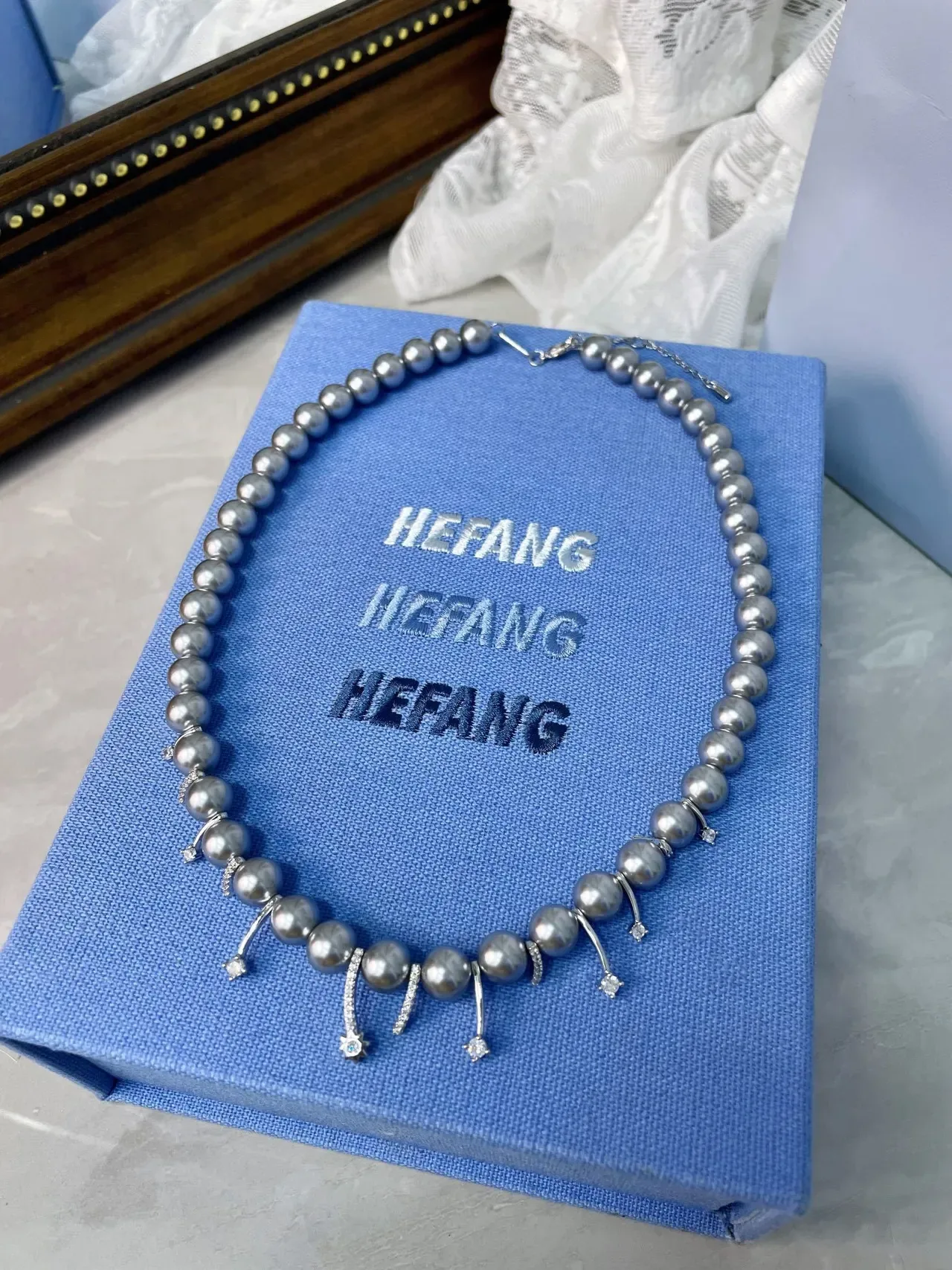 HEFANG Silver-Toned Pearl and Diamond Charm Necklace 6
