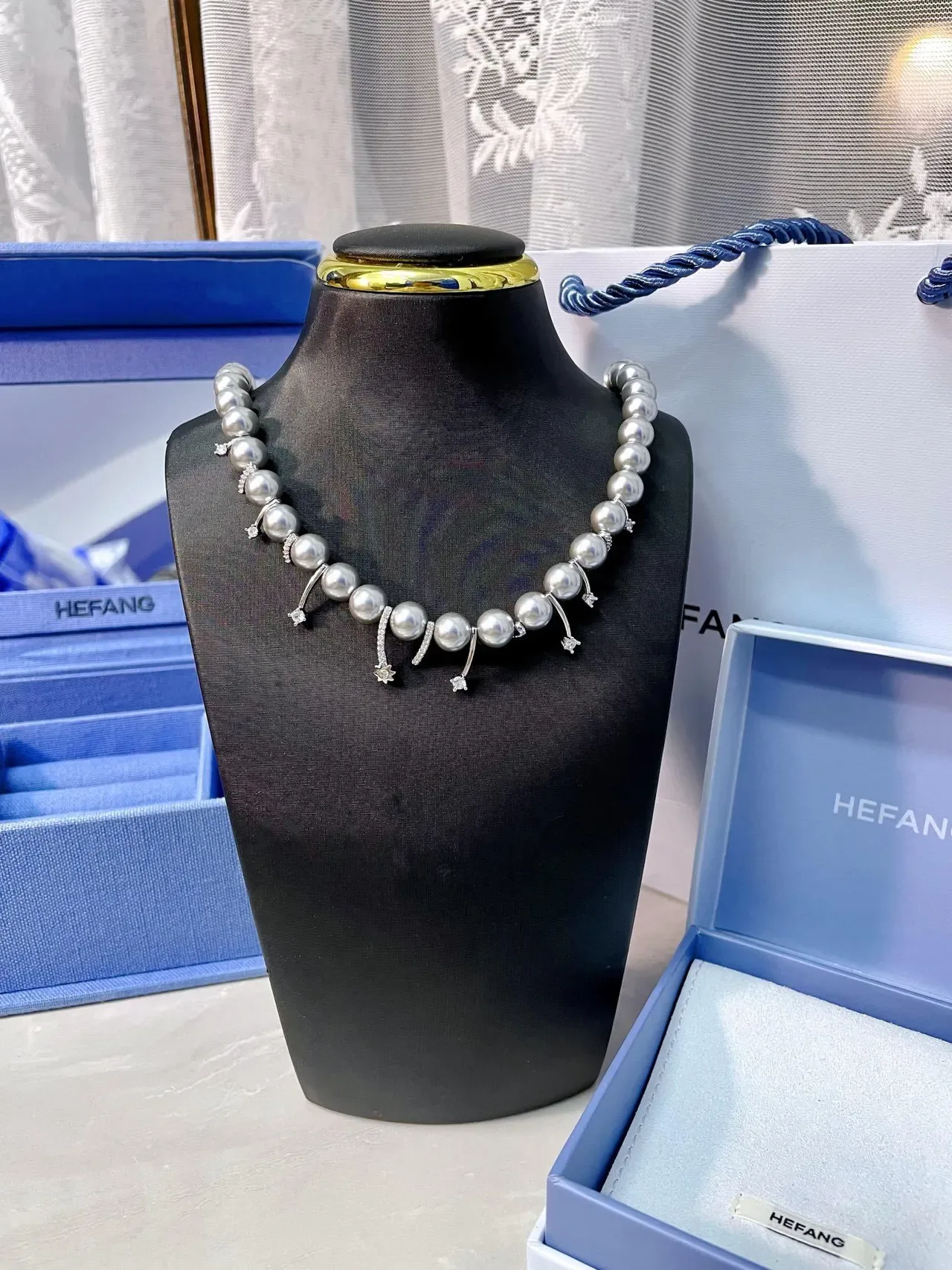 HEFANG Silver-Toned Pearl and Diamond Charm Necklace 7