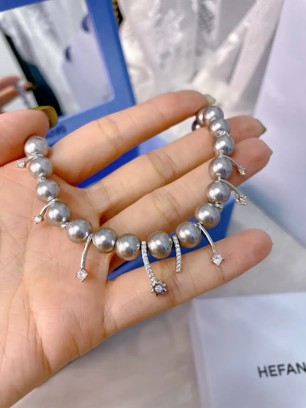 HEFANG Silver-Toned Pearl and Diamond Charm Necklace 9