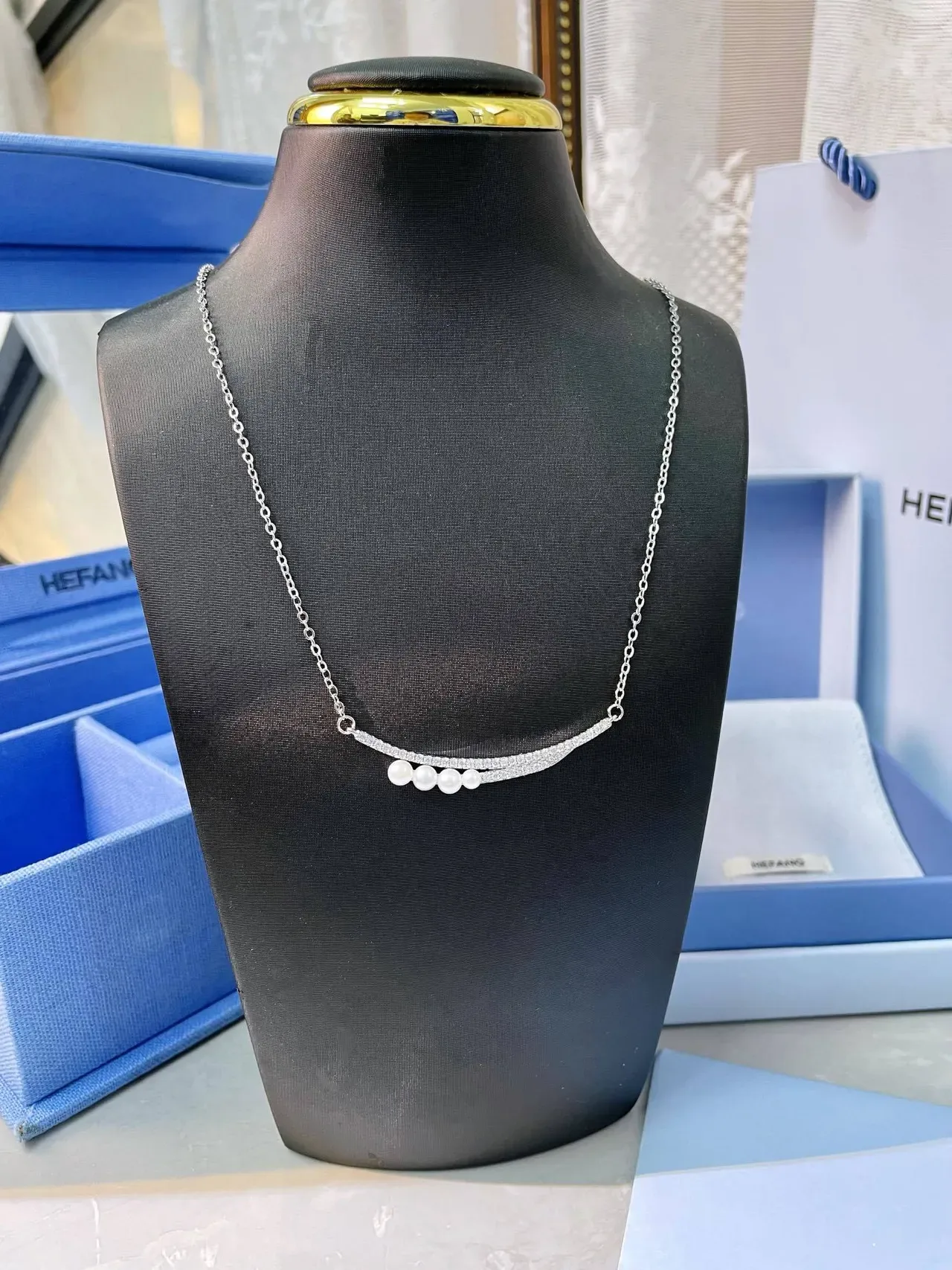HEFANG Silver White Curved Bar Pendant Pavé Crystal Setting Necklace 4