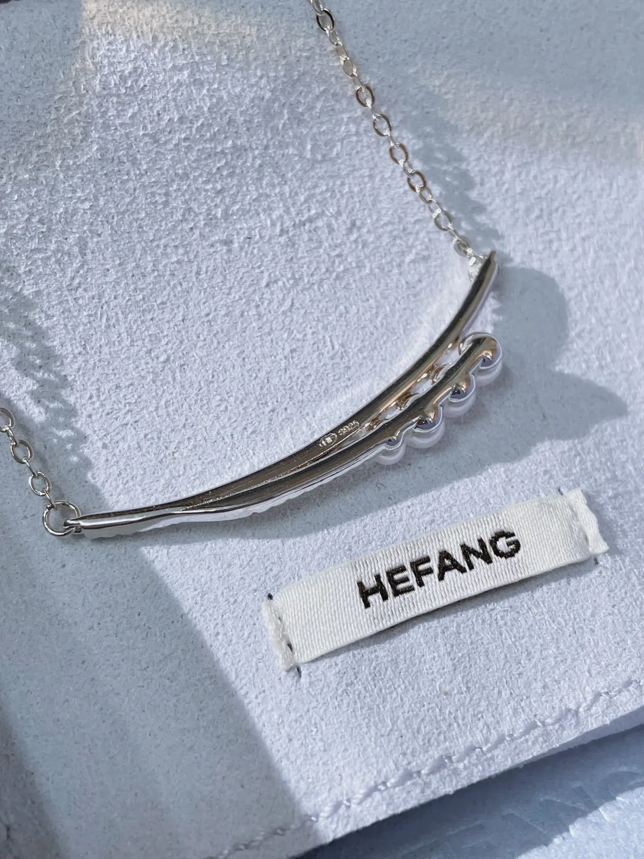 HEFANG Silver White Curved Bar Pendant Pavé Crystal Setting Necklace 6