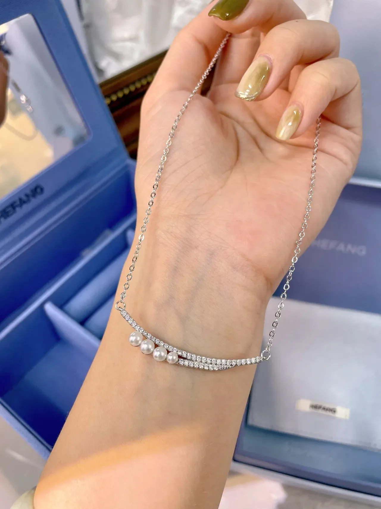 HEFANG Silver White Curved Bar Pendant Pavé Crystal Setting Necklace 7