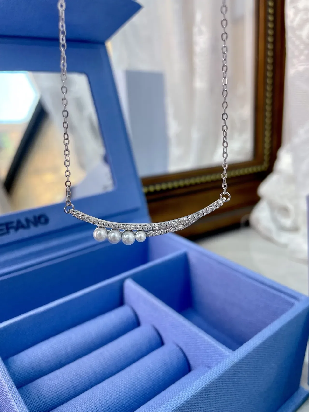 HEFANG Silver White Curved Bar Pendant Pavé Crystal Setting Necklace 8