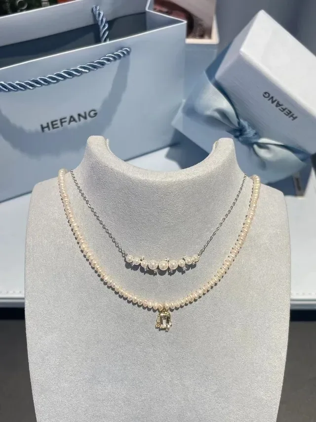 HEFANG White Gold Pearl Strand Rectangular Crystal Pendant Necklace 4