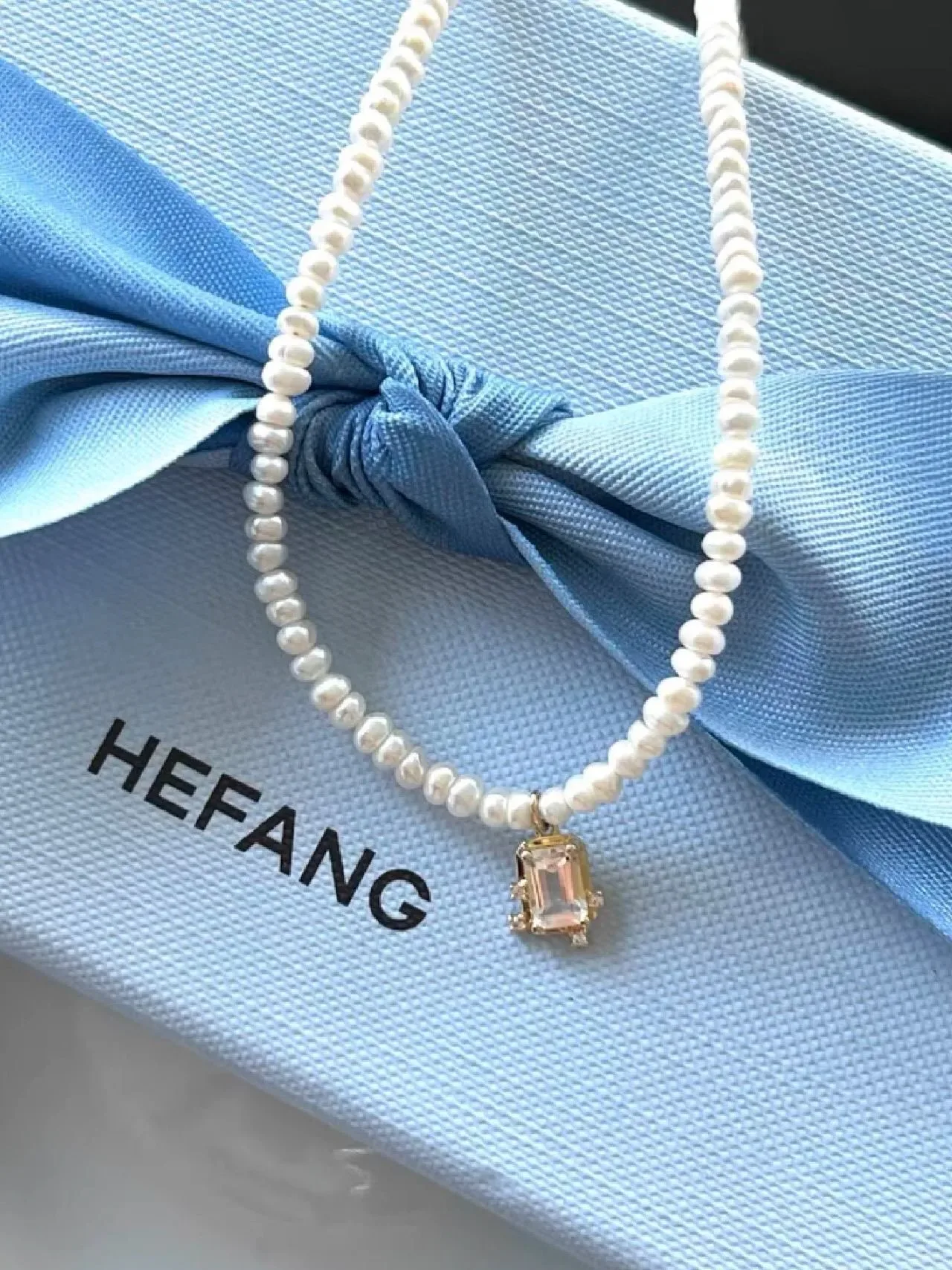 HEFANG White Gold Pearl Strand Rectangular Crystal Pendant Necklace 6
