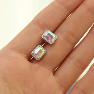 Iridescent Rectangular Halo Stud Earrings