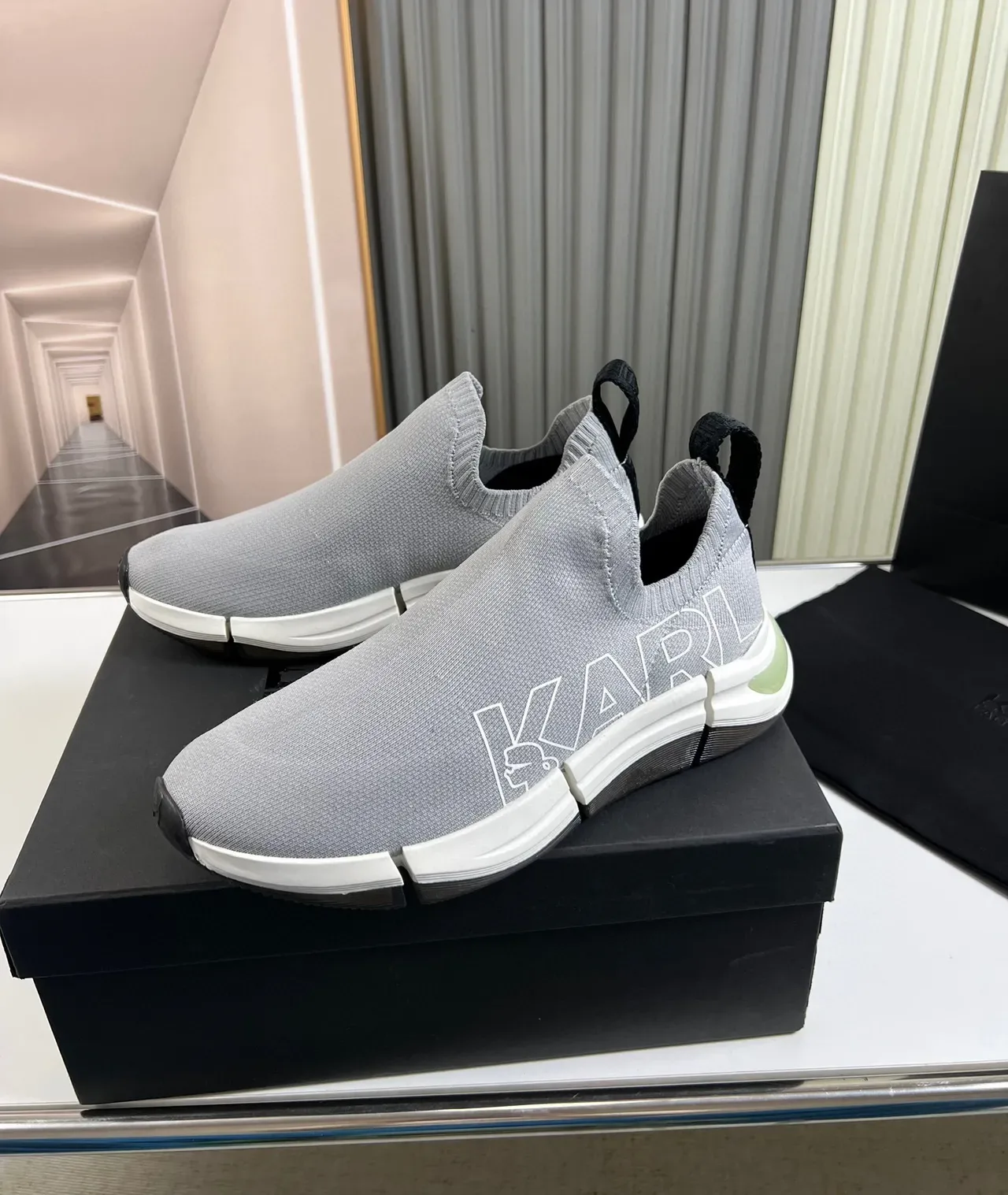 KARL Gray White Slip-On Knit Upper Segmented Midsole Lifestyle Sneakers 3