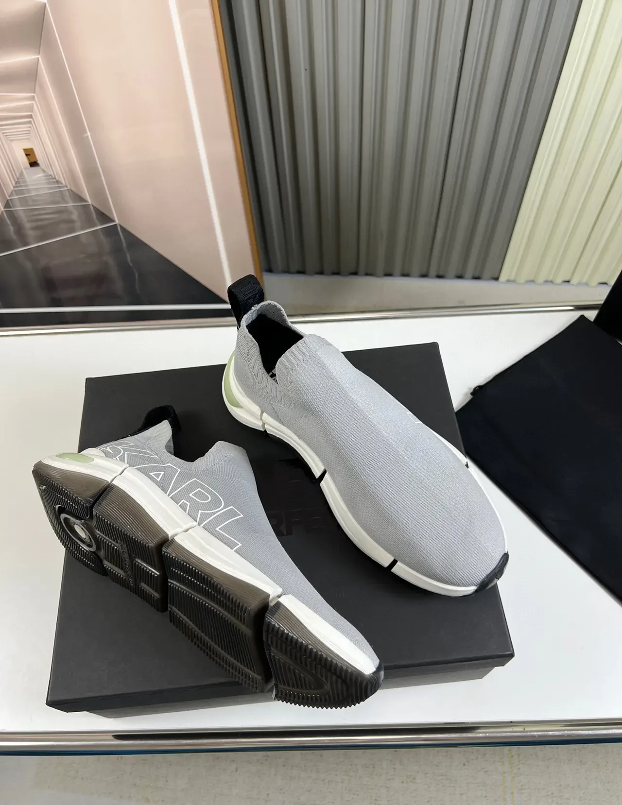 KARL Gray White Slip-On Knit Upper Segmented Midsole Lifestyle Sneakers 6