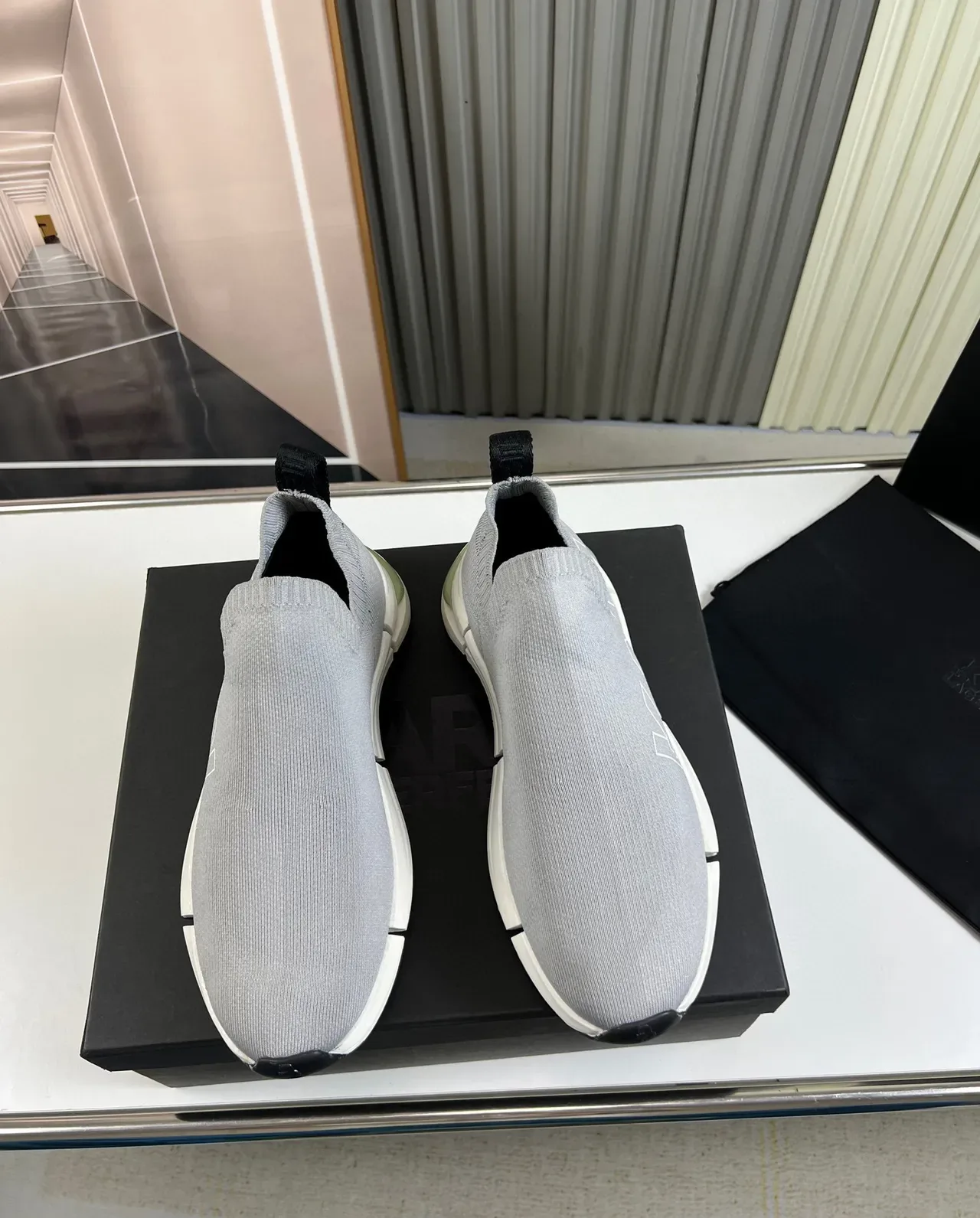 KARL Gray White Slip-On Knit Upper Segmented Midsole Lifestyle Sneakers 9