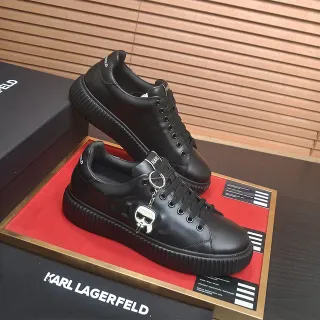 Karl Lagerfeld حذاء رياضي أسود أحمر جلدي علوي مع كعب منصة مخطط كيكي سميك