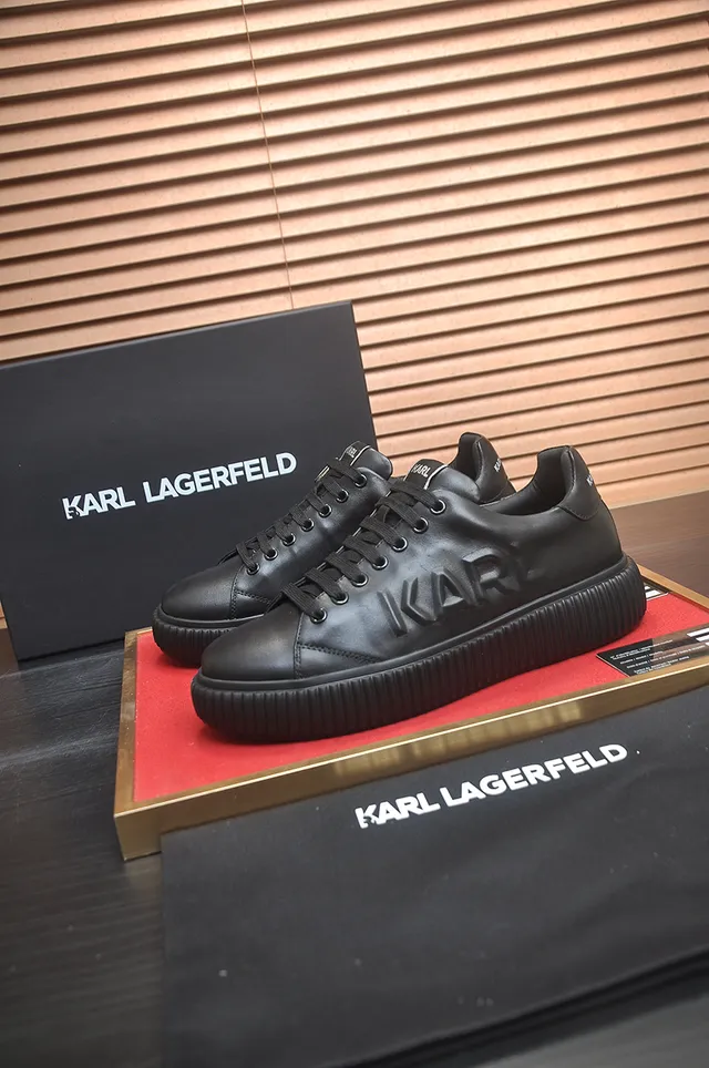 Karl Lagerfeld Black Red Leather Upper Ridged Platform Sole Chunky Sneakers 5