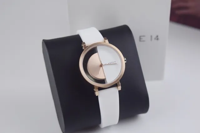 KLASSE14 Minimalist Two-Tone Dial Rose-Gold Case White Strap Quartz Watch 8