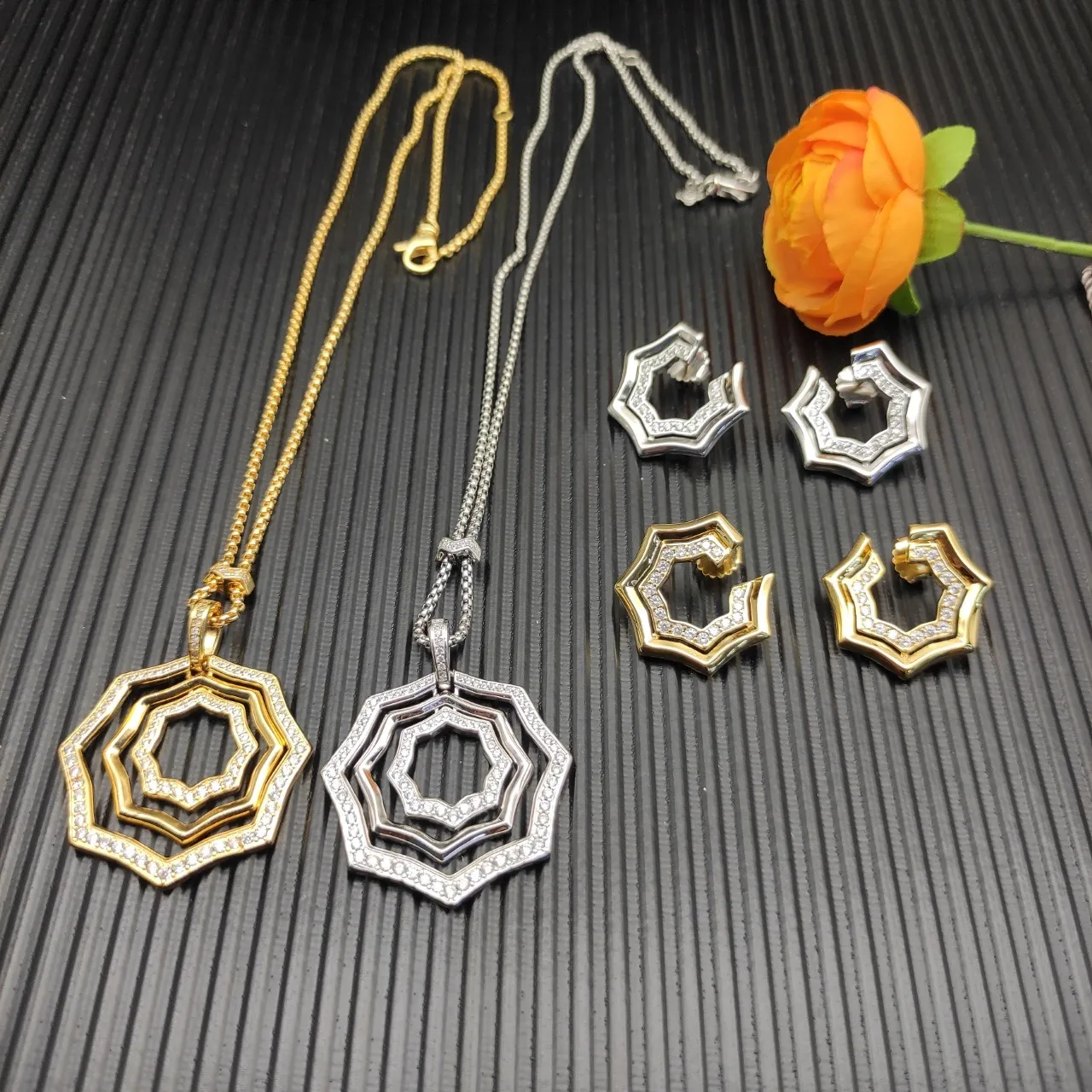 Layered Octagonal Pavé Diamond Pendant Necklace 2