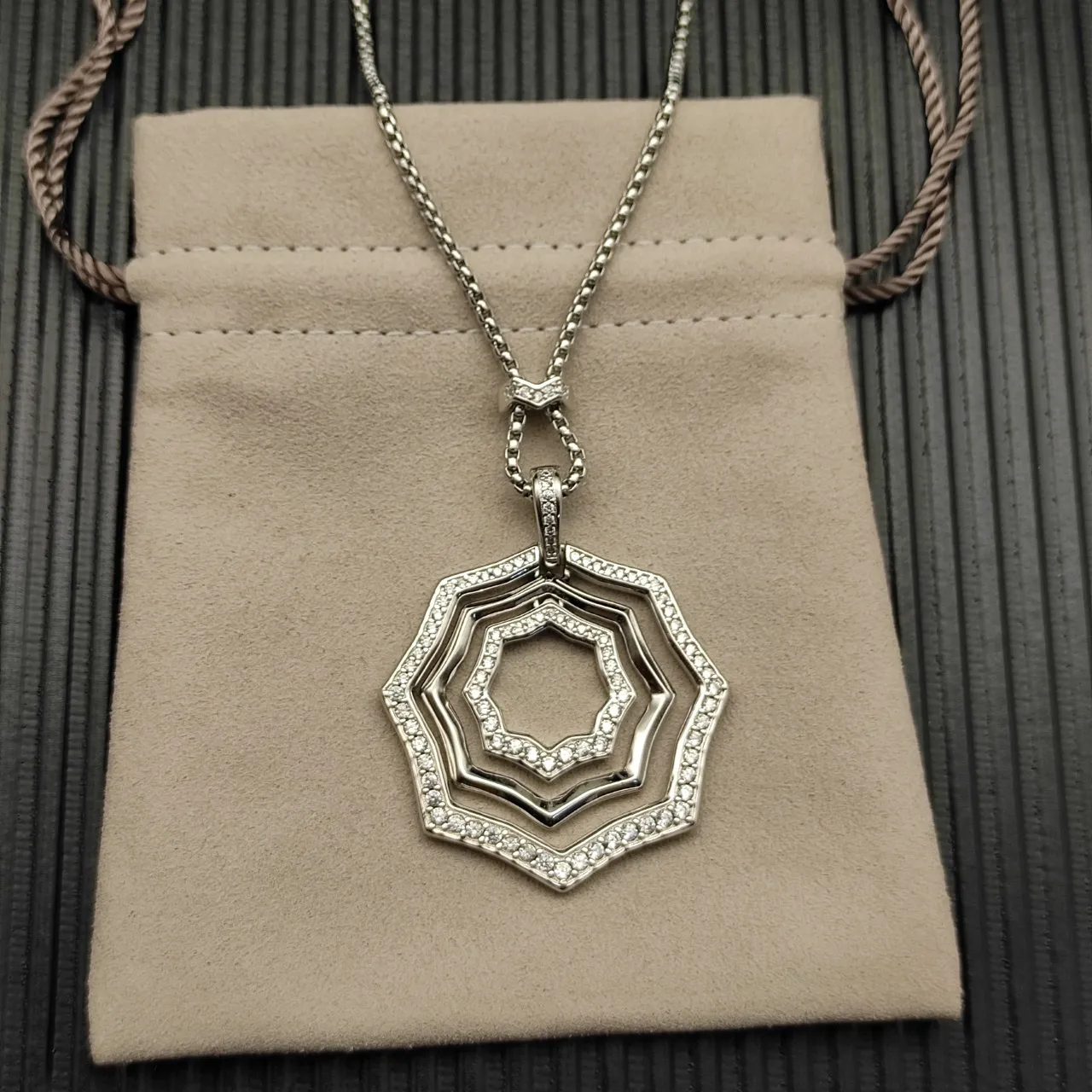 Layered Octagonal Pavé Diamond Pendant Necklace 9
