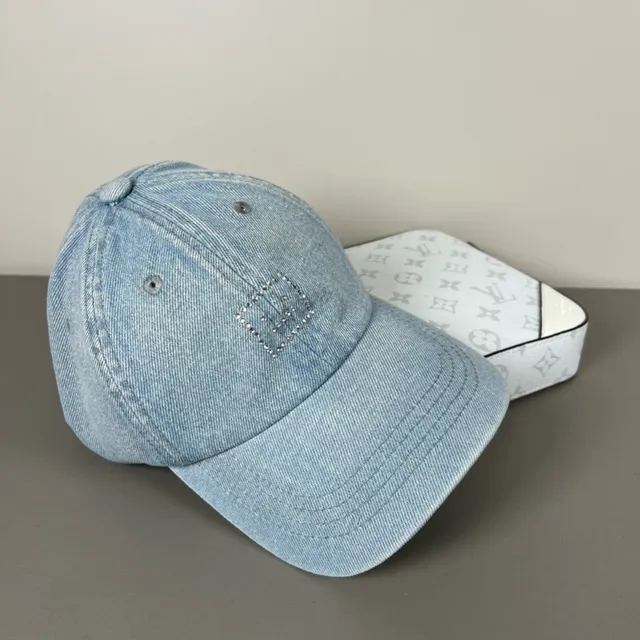 Light-Wash Denim Rhinestone Square Motif Baseball Cap 4