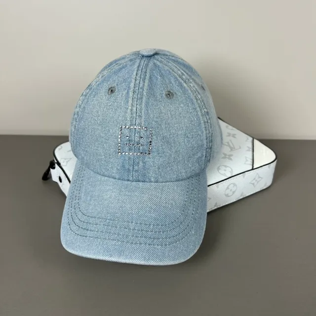 Light-Wash Denim Rhinestone Square Motif Baseball Cap 7