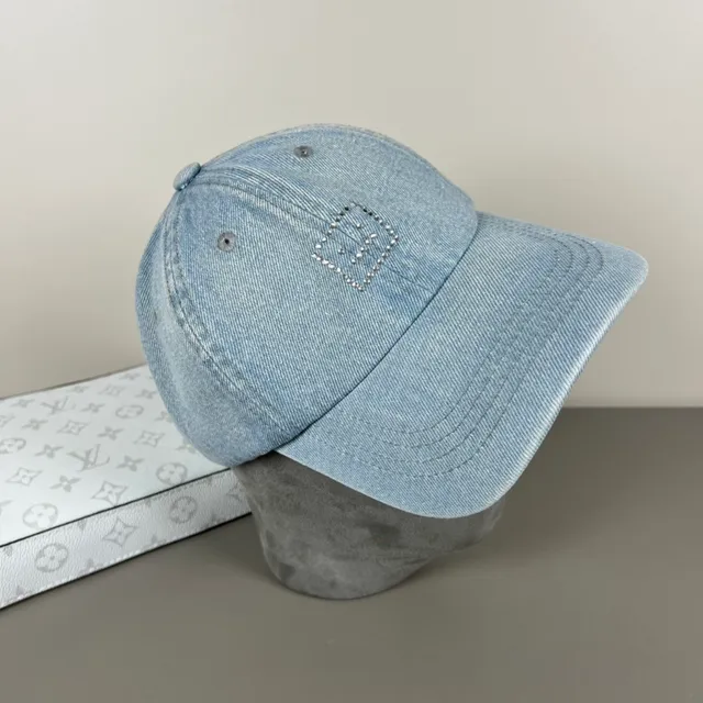 Light-Wash Denim Rhinestone Square Motif Baseball Cap 8