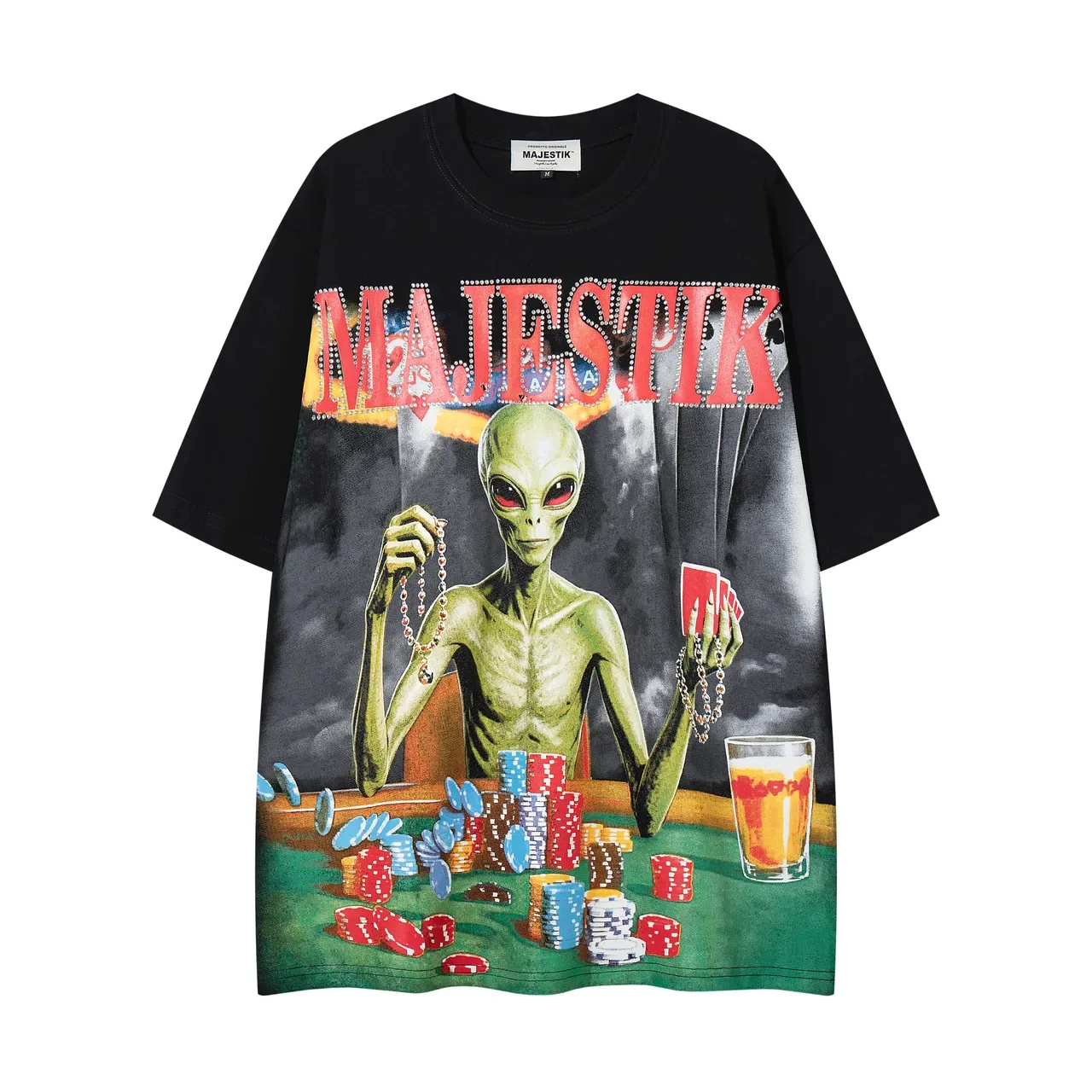 MAJESTIK Alien Poker Graphic Oversized Black T-Shirt 3