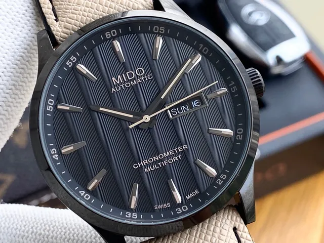 MIDO Multifort Chronometer Automatic Black Dial Beige Strap Mechanical Watch 7