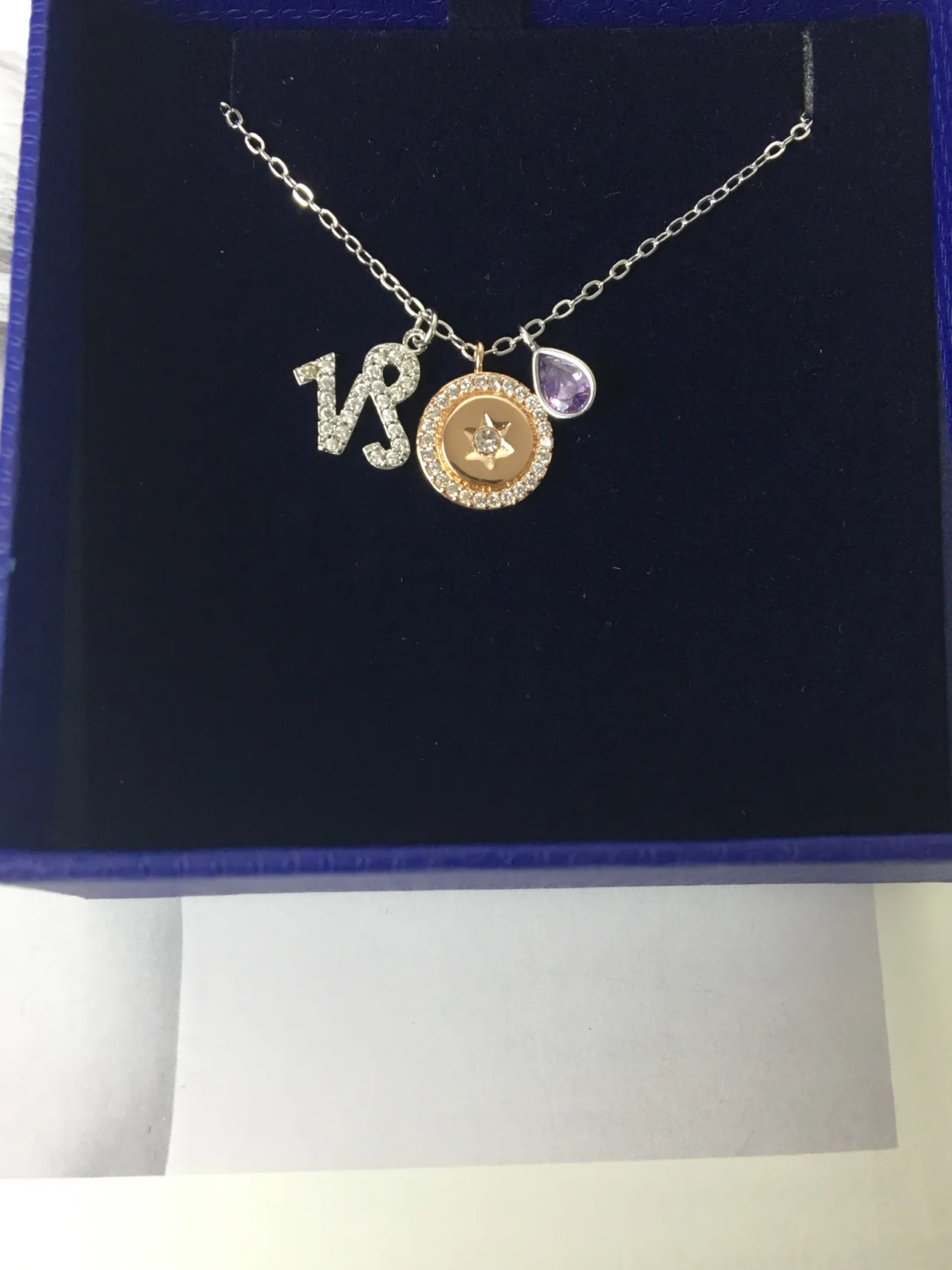 Multi-Charm Pavé Script Star and Purple Gemstone Necklace 6