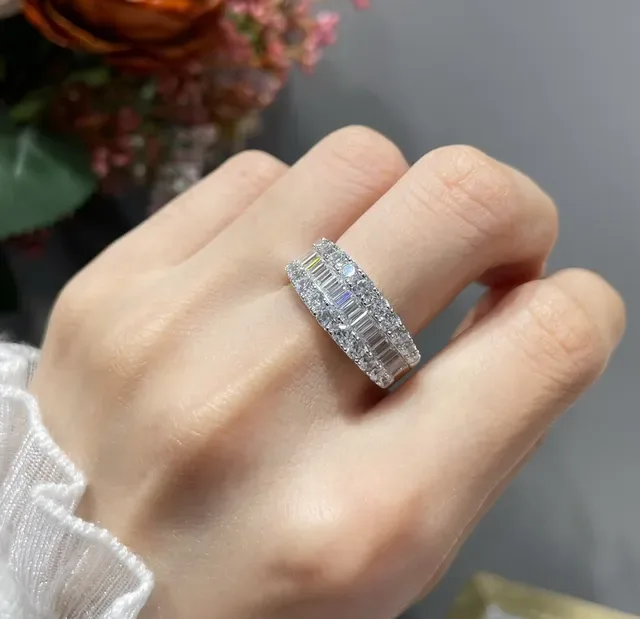 Multi-Row Pavé and Baguette-Cut Diamond Wide Band Ring 9