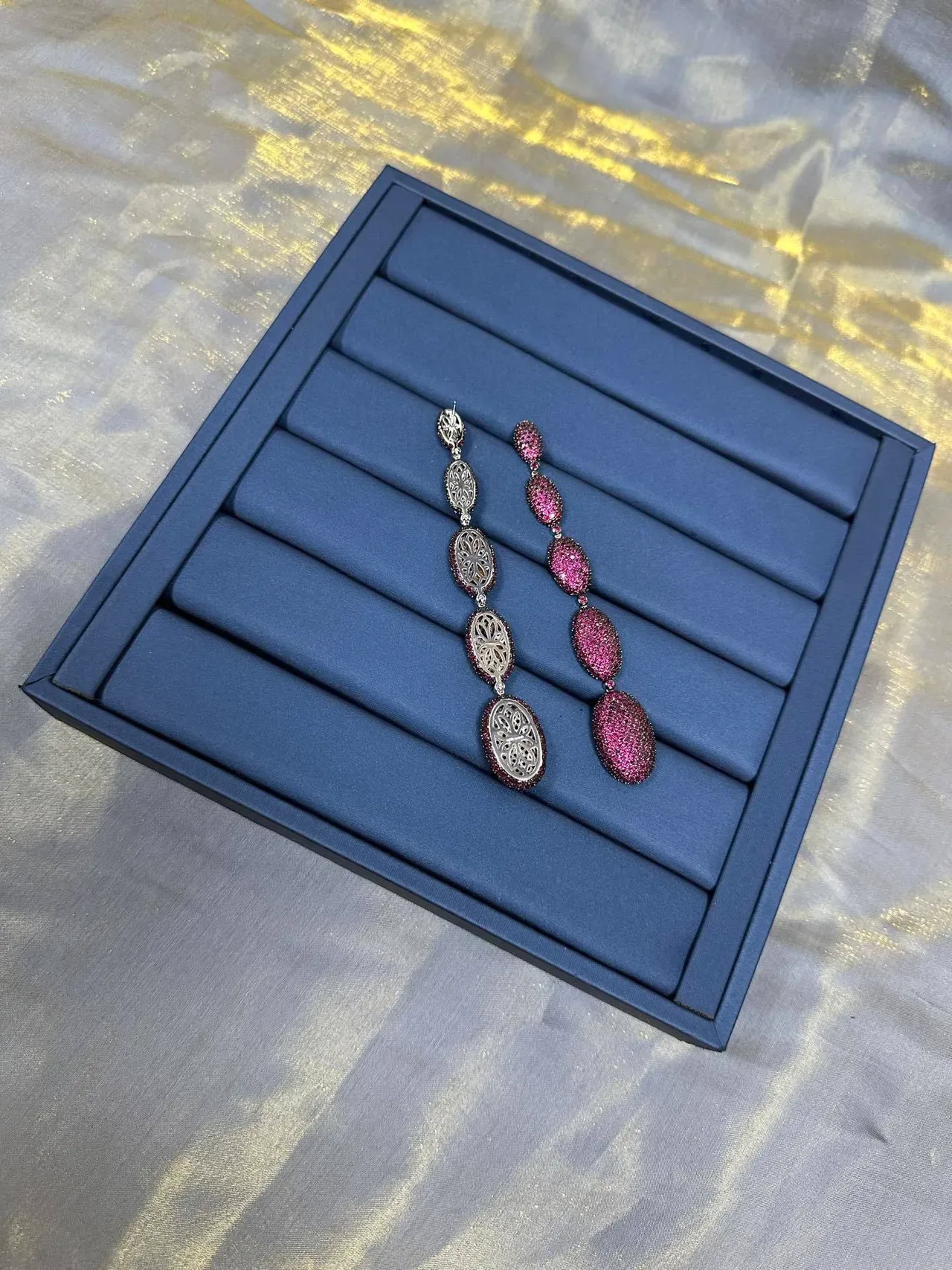 Multi-Tiered Pavé-Set Oval Cluster Dangling Earrings 6