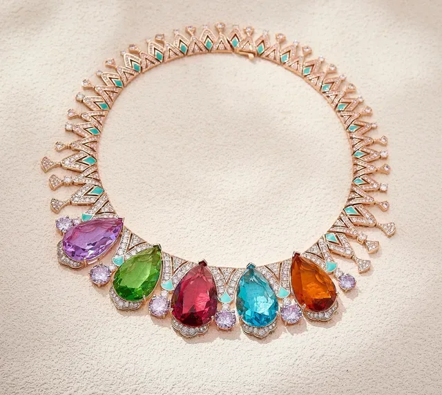 Multicolor Crown-Motif Pavé-Diamond and Gemstone Necklace 1