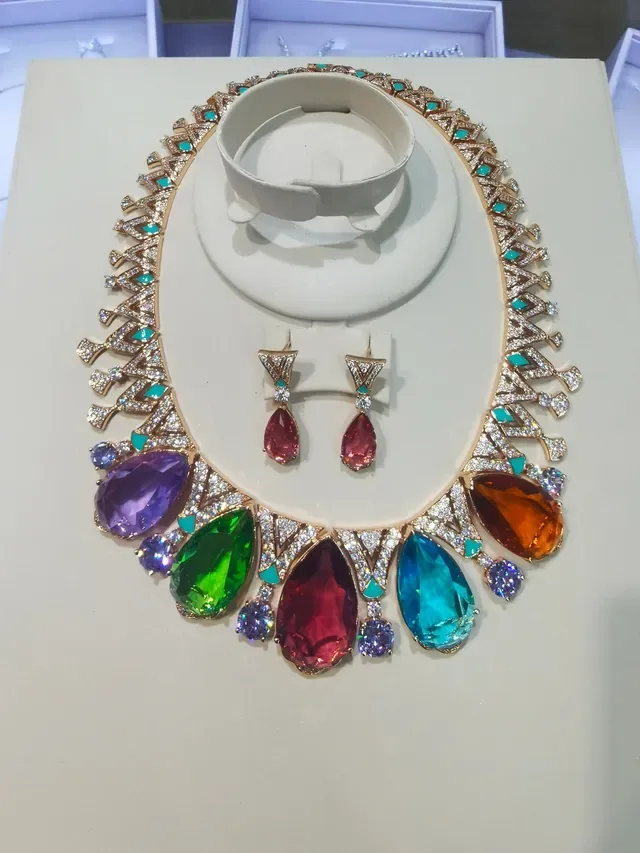 Multicolor Crown-Motif Pavé-Diamond and Gemstone Necklace 2