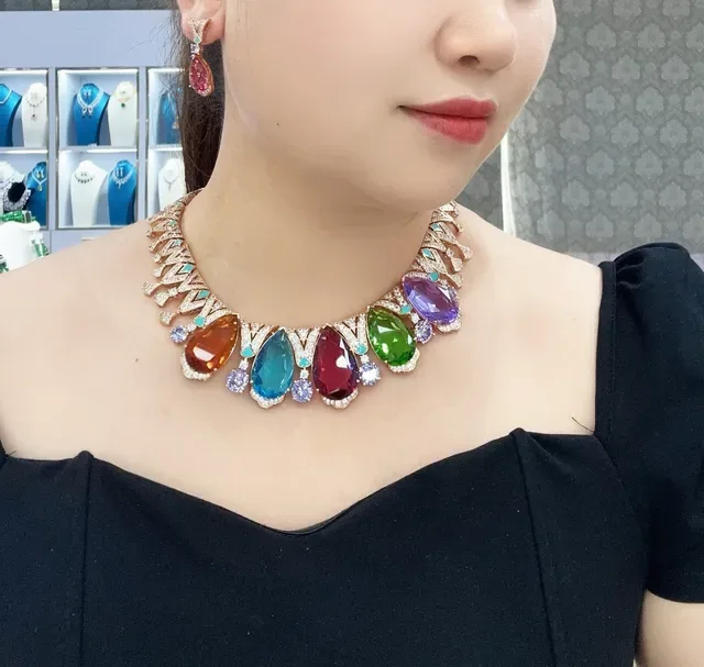 Multicolor Crown-Motif Pavé-Diamond and Gemstone Necklace 8