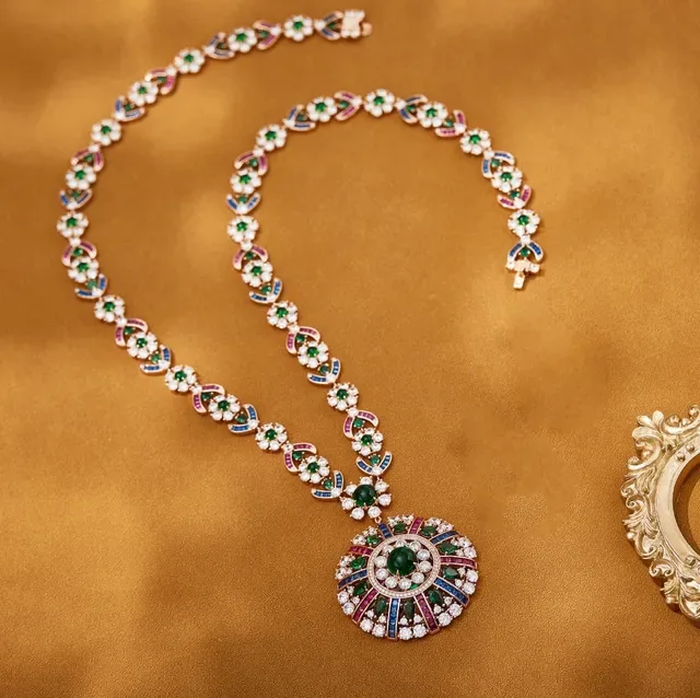 Multicolor Floral Motif Emerald Sapphire Ruby Diamond Pendant Necklace 2