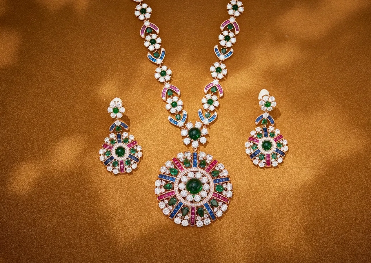 Multicolor Floral Motif Emerald Sapphire Ruby Diamond Pendant Necklace 5