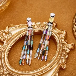 Multicolor Gold Multi-Bead Tassel Faceted Gemstone Top Earrings