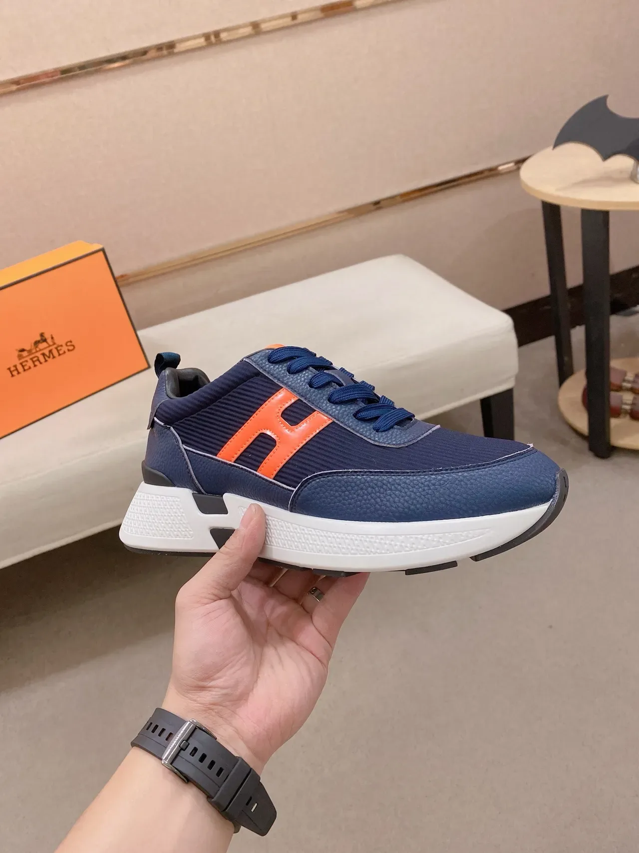 Navy and Orange H-Panel Lifestyle Sneaker 5