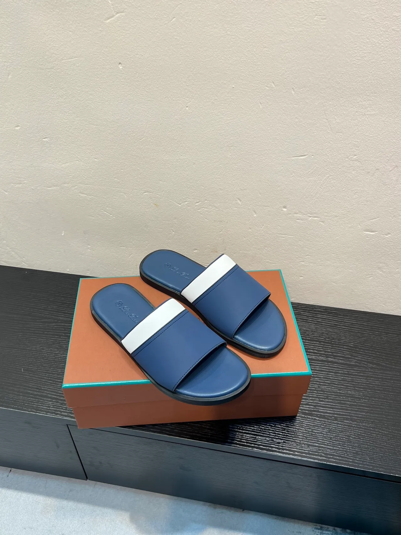 Navy and White Color-Blocked Single-Strap Slipper 5