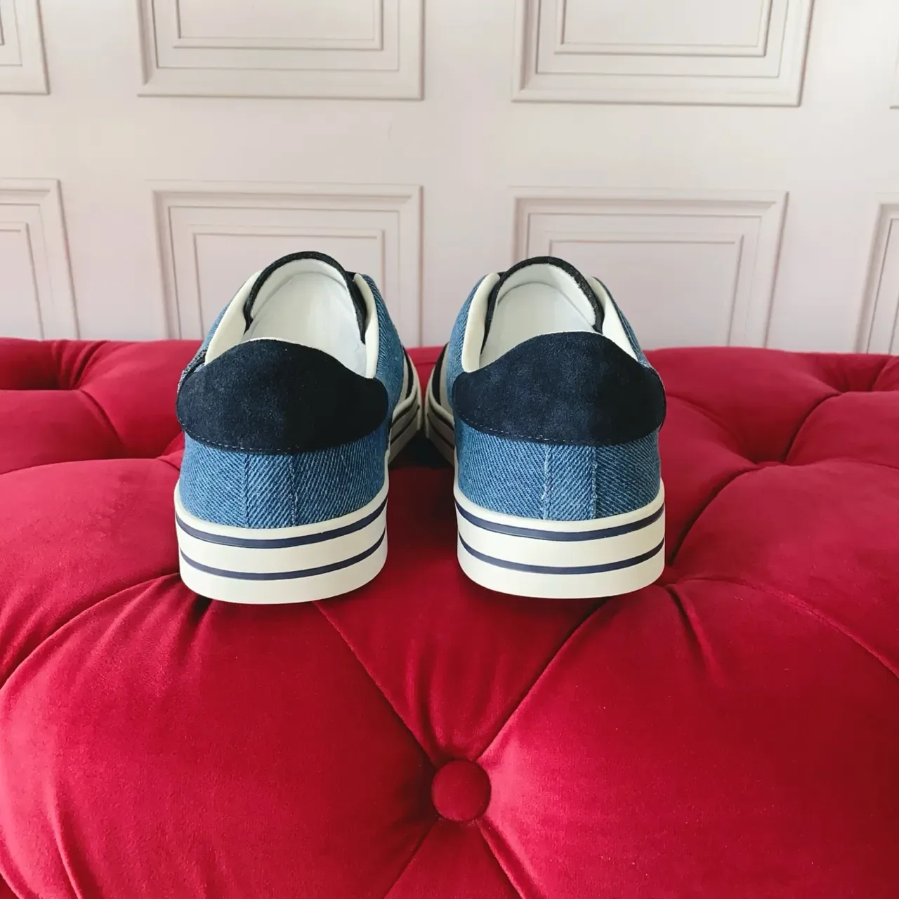 Navy and White Denim-Suede Panel Sneakers 2