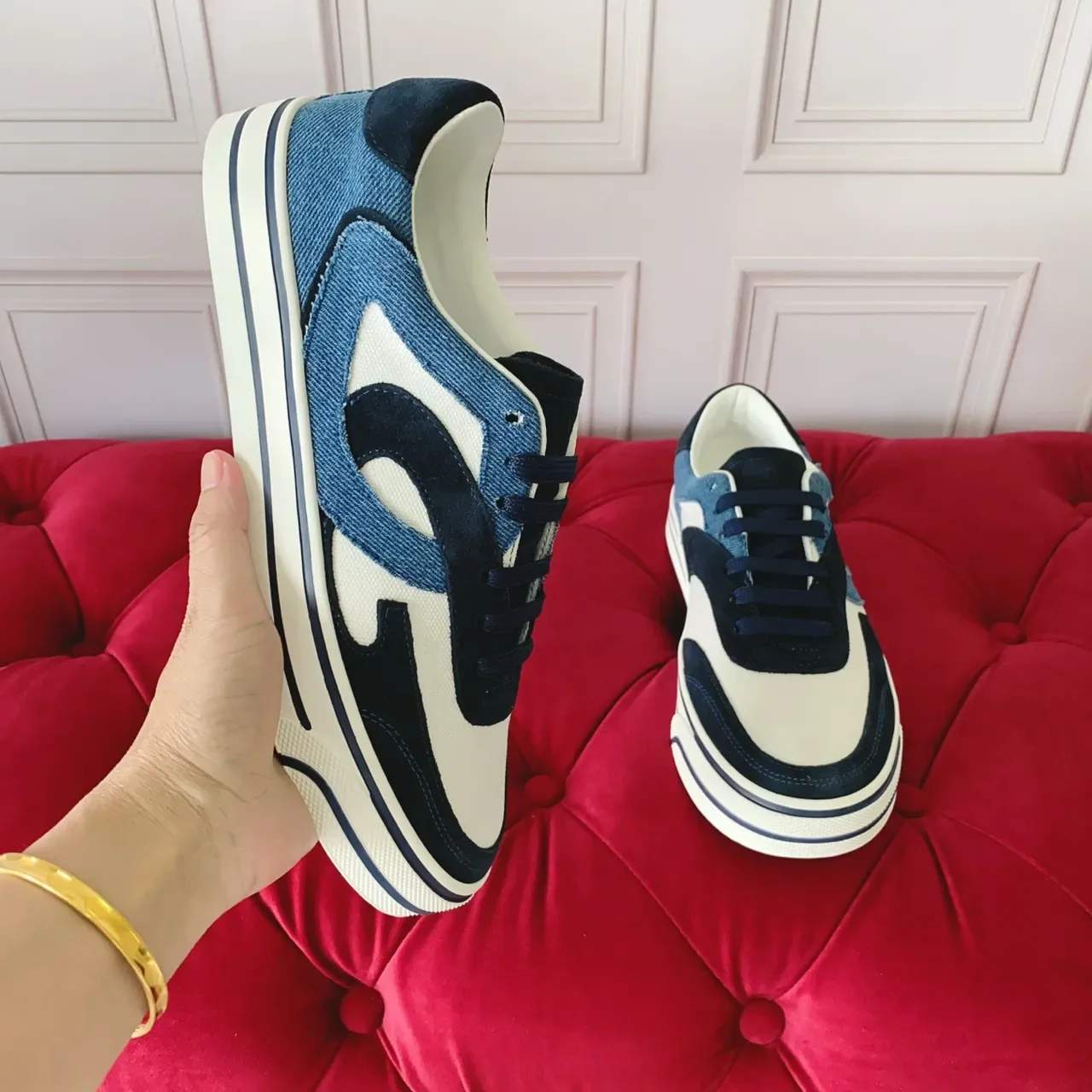 Navy and White Denim-Suede Panel Sneakers 3