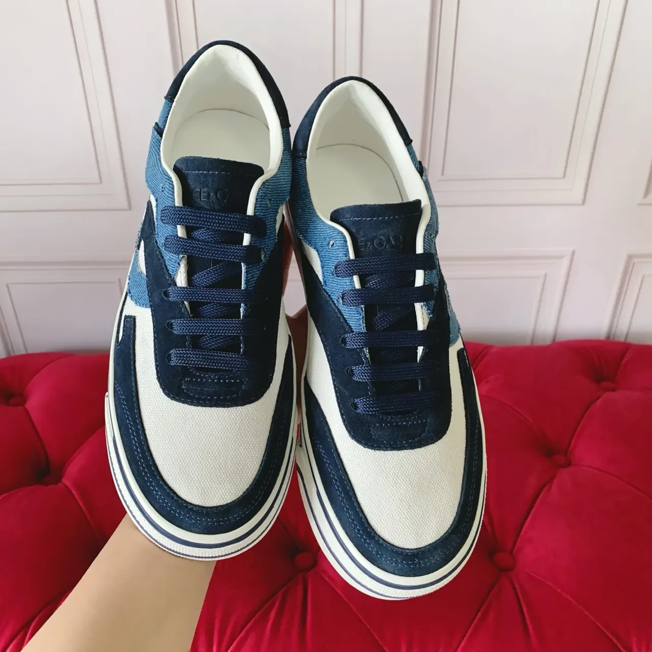 Navy and White Denim-Suede Panel Sneakers 4