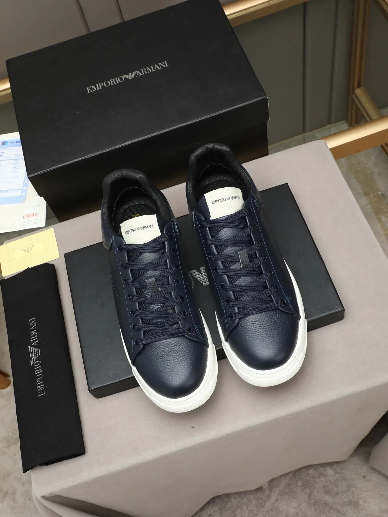 Navy and White Pebbled Leather Platform Sneaker 2