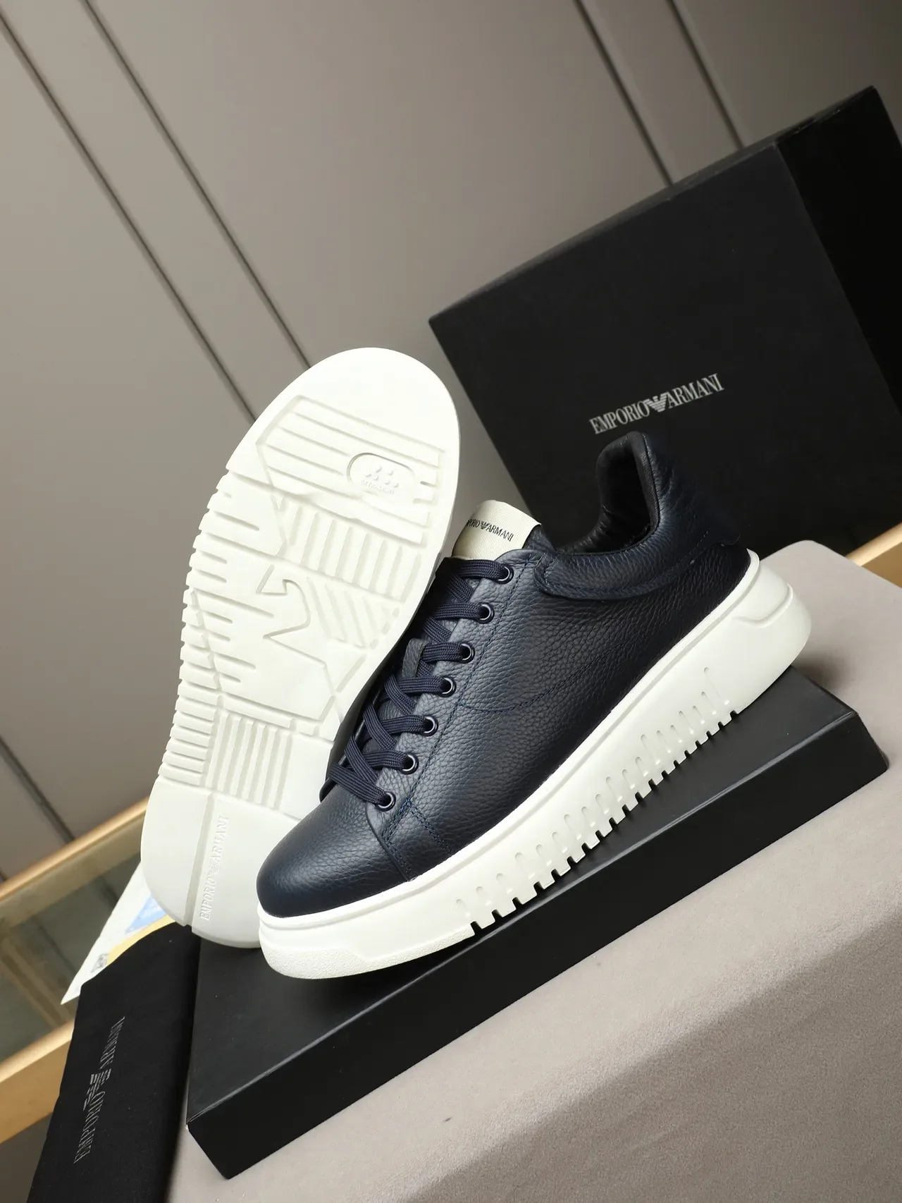 Navy and White Pebbled Leather Platform Sneaker 4