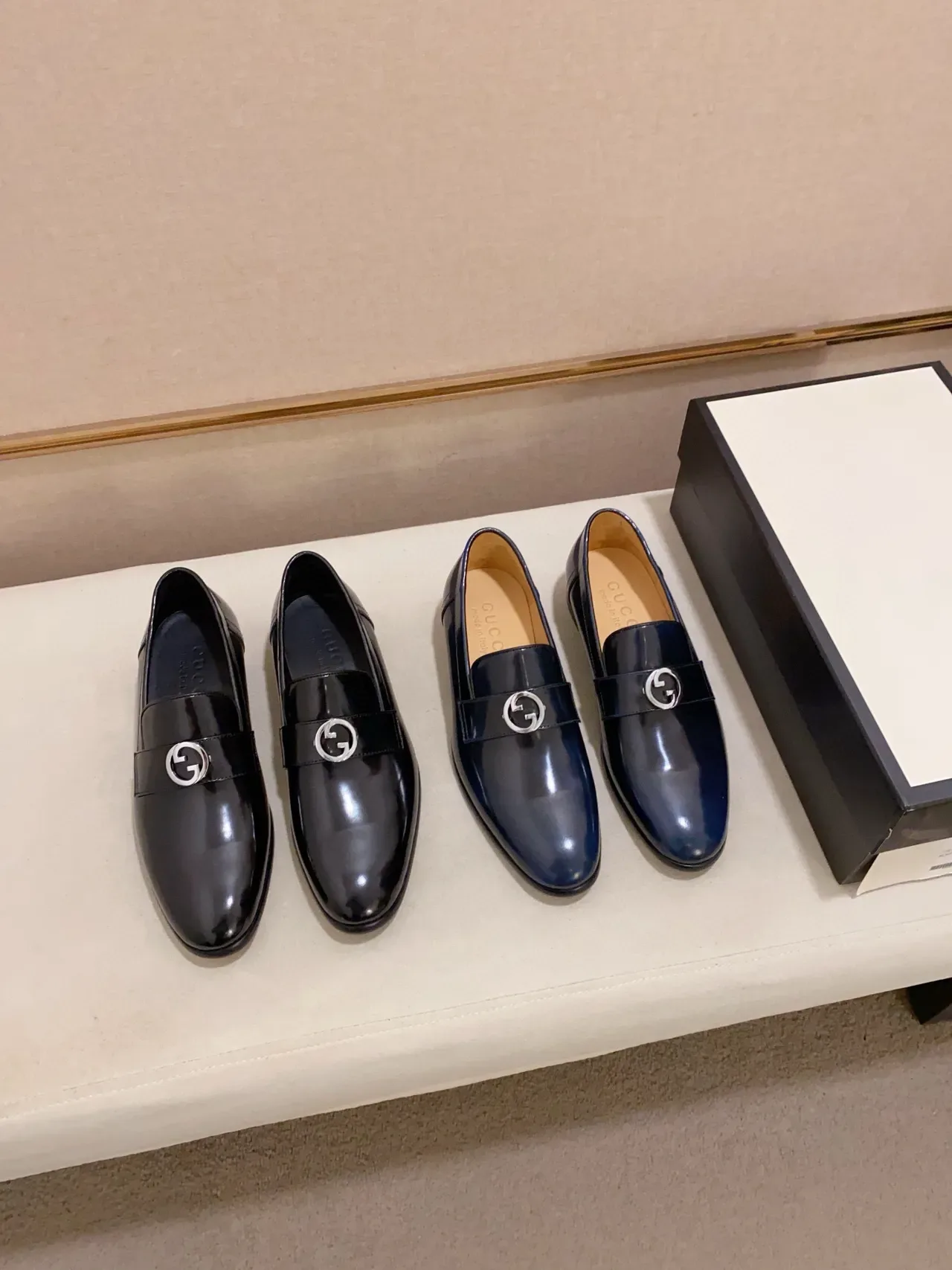 Navy Beige Glossy Patent-Like Leather Metal Bit Strap Closure Loafer 2