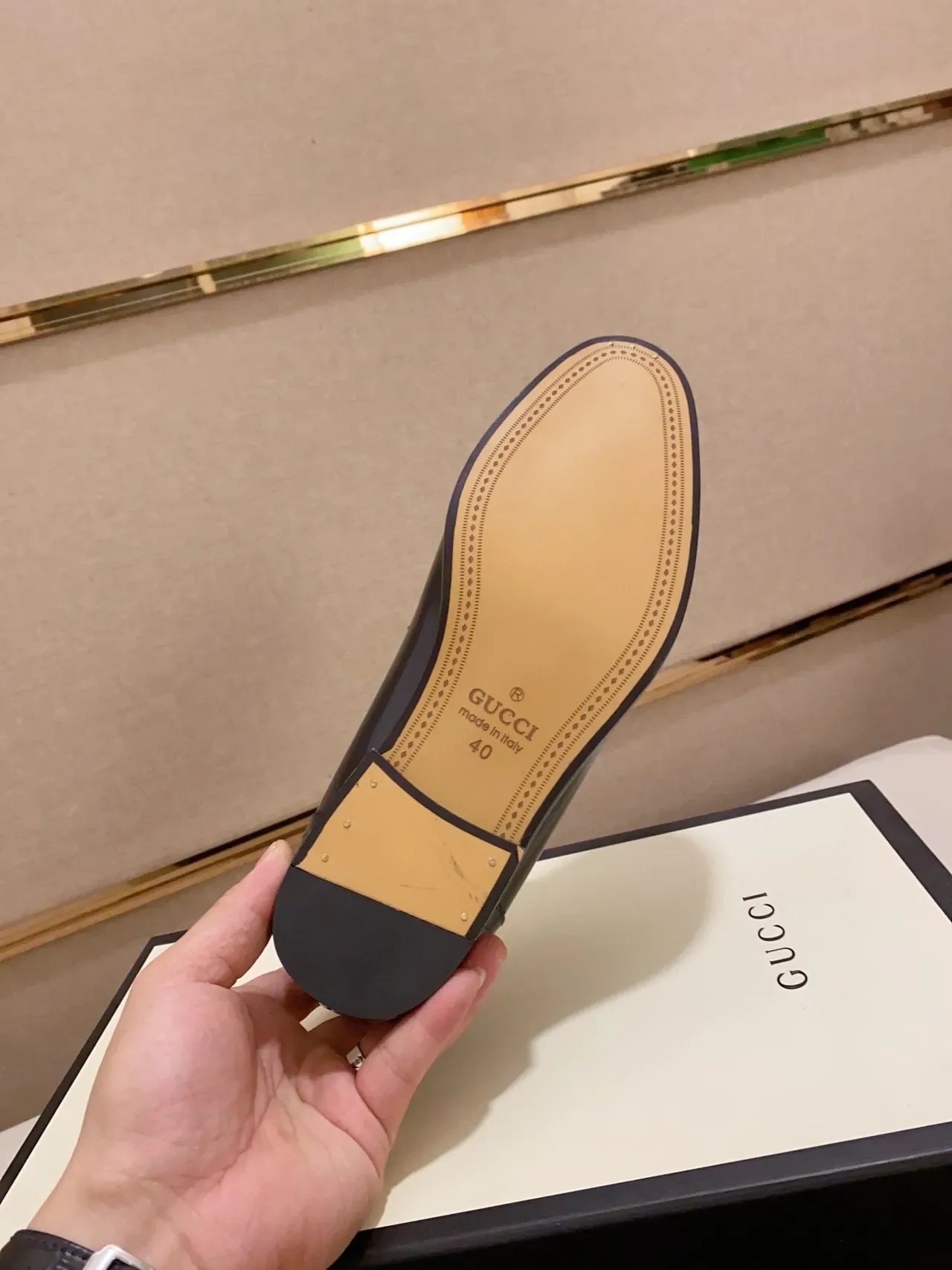 Navy Beige Glossy Patent-Like Leather Metal Bit Strap Closure Loafer 3