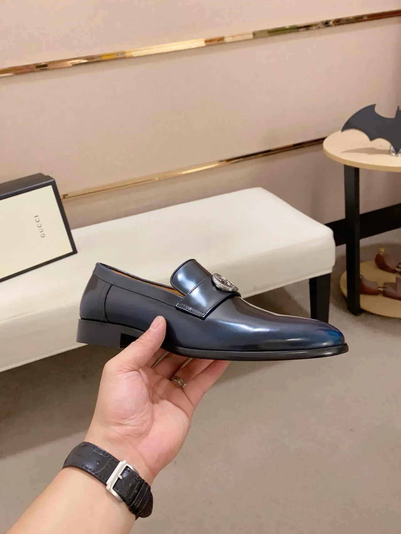 Navy Beige Glossy Patent-Like Leather Metal Bit Strap Closure Loafer 5